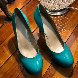 Aqua blue patent leather heels